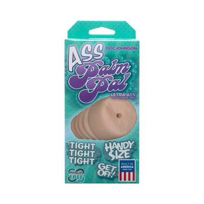 Packaging of Palm Pal Natural Ass Masturbator in beige by Doc Johnson with product features and USA-made label.