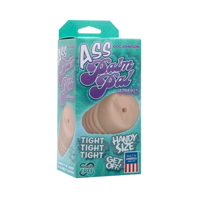 Packaging box of Palm Pal Natural Ass Masturbator in beige with product features and branding visible.