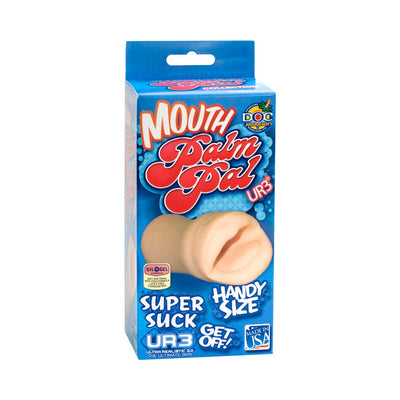 Beige Palm Pal UR3 mouth masturbator in blue packaging highlighting super suck, handy size, and made in USA features.