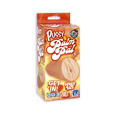 Packaging box of Palm Pal UR3 Pussy masturbator in beige, highlighting its lifelike design and handy size.
