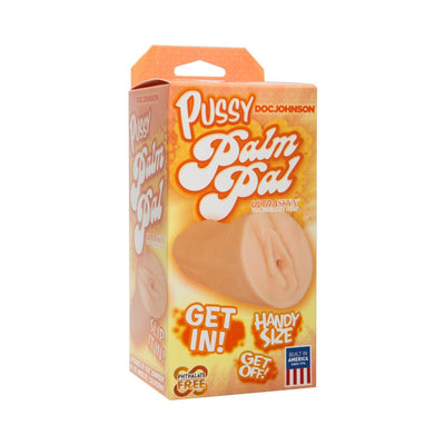 Packaging of Palm Pal UR3 Pussy masturbator in beige, highlighting lifelike texture and handy size features.