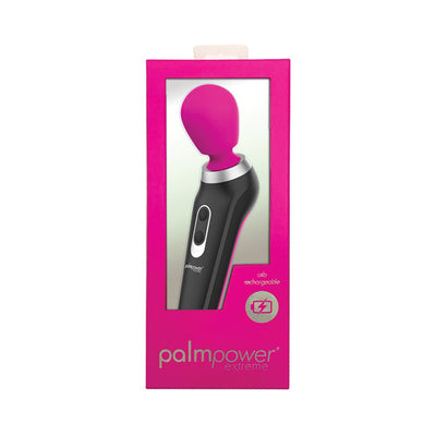 Palm Power Extreme body massager in black with fuchsia silicone head in pink packaging with clear window.