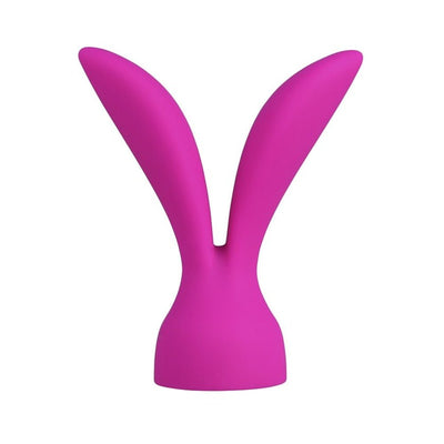 Bright pink silicone Palm Power Massager Head Palm Pleasure 2 attachment with two curved tips.
