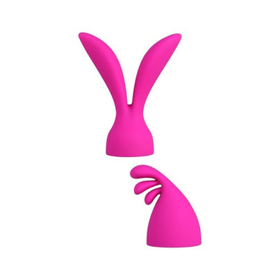 Pink silicone Palm Power Massager Head Palm Pleasure 2 attachments with curved and multi-tip designs.