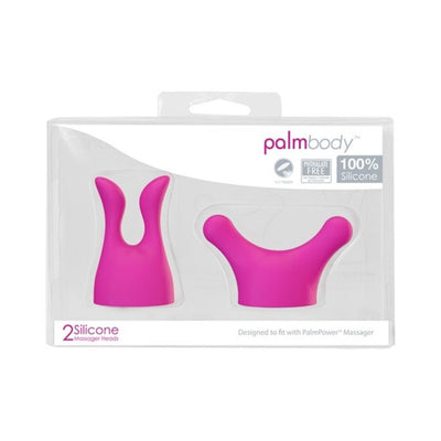 Two pink silicone Palm Power massager heads in clear retail packaging labeled phthalate-free and 100% silicone.