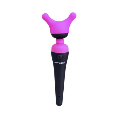 Palm Power Massager with pink silicone dual-pronged head and black ergonomic handle for body massage.