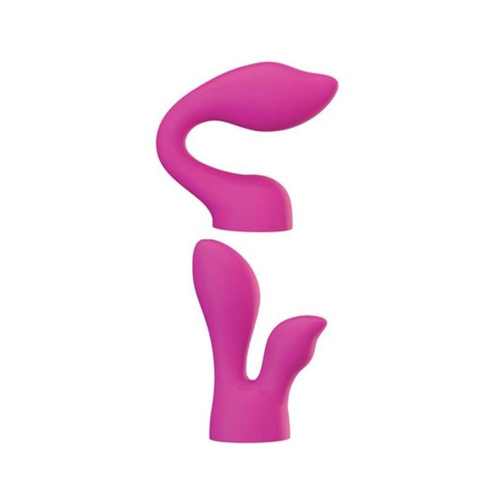 Two pink silicone Palm Power Massager heads with curved and dual-ended designs for targeted stimulation.