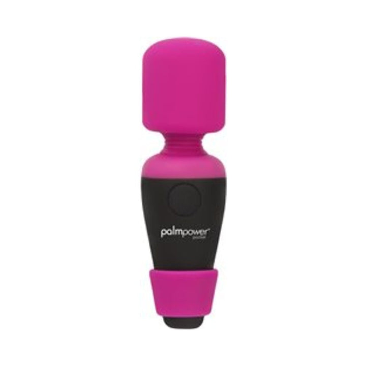 Compact Palm Power Pocket Massager in pink and black with flexible neck and single button control.