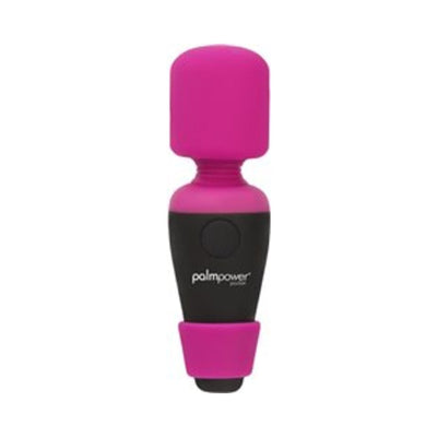 Compact Palm Power Pocket Massager in pink and black with flexible neck and single button control.