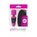 Palm Power Pocket Massager in pink with black grip, packaged with a black silicone case and USB rechargeable icon.