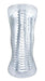 Clear textured male stroker with ribbed interior and ergonomic contoured shape for enhanced solo pleasure.