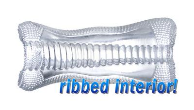 Clear Palm-Tec Dx Vol 17 stroker with ribbed interior texture for enhanced solo pleasure.