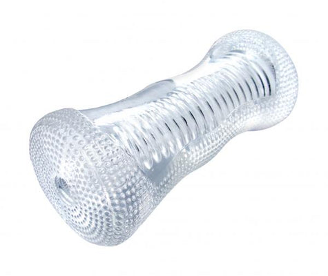 Clear ribbed Palm-Tec Dx Vol 17 stroker made of flexible Thermoplastic Rubber with textured grip and tapered openings.