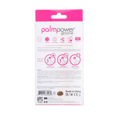 Back packaging of Palmpower Groove rechargeable silicone mini wand massager with usage instructions and product details.