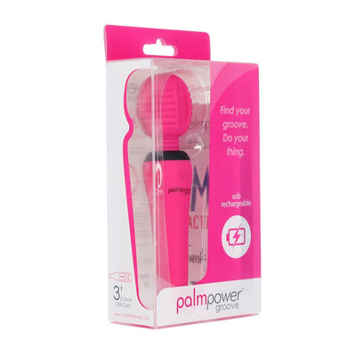 Palmpower Groove rechargeable mini wand massager in fuchsia with silicone head in clear pink and white packaging.