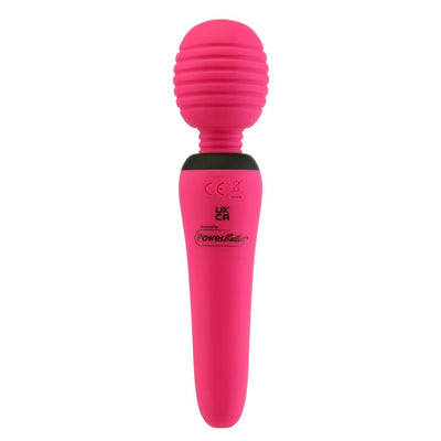Fuchsia silicone mini wand massager with ribbed head and ergonomic handle, USB rechargeable and compact design.