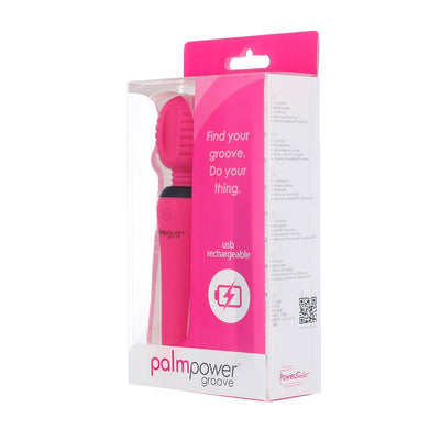 Fuchsia Palmpower Groove mini wand massager in clear packaging with USB rechargeable and travel lock features.