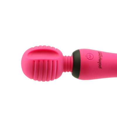 Fuchsia Palmpower Groove mini wand massager with textured silicone head and flexible neck on white background.