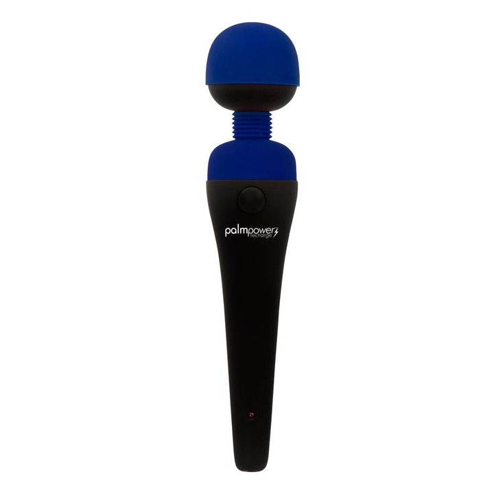 PalmPower Rechargeable massager with black handle and blue silicone head, USB rechargeable and waterproof design.