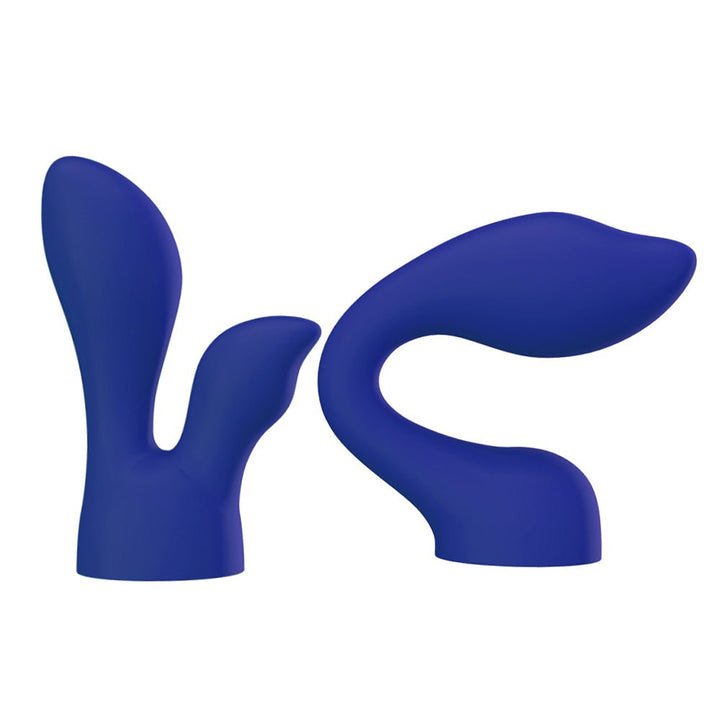 Two blue silicone massager attachment heads designed for PalmPower, featuring ergonomic shapes for targeted stimulation.
