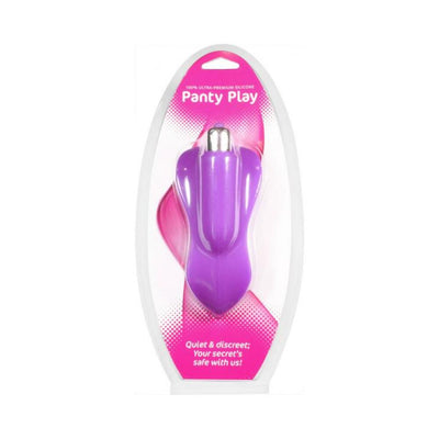 Purple silicone Panty Play vibrator in clear clamshell packaging with pink and white background.