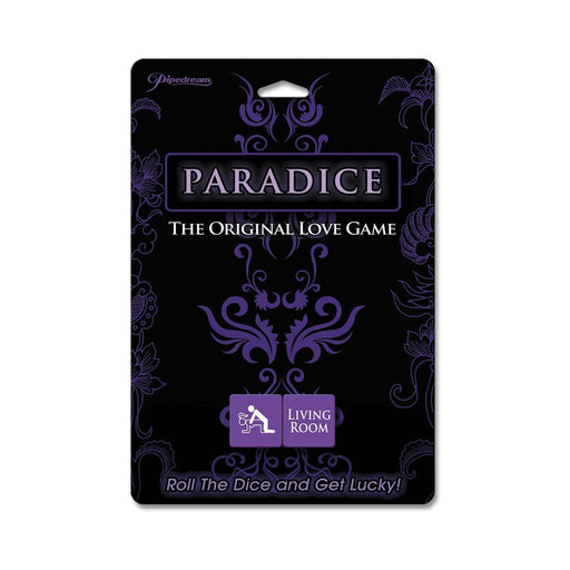Paradice The Original Love Game packaging with purple decorative design and dice icons showing position and location.