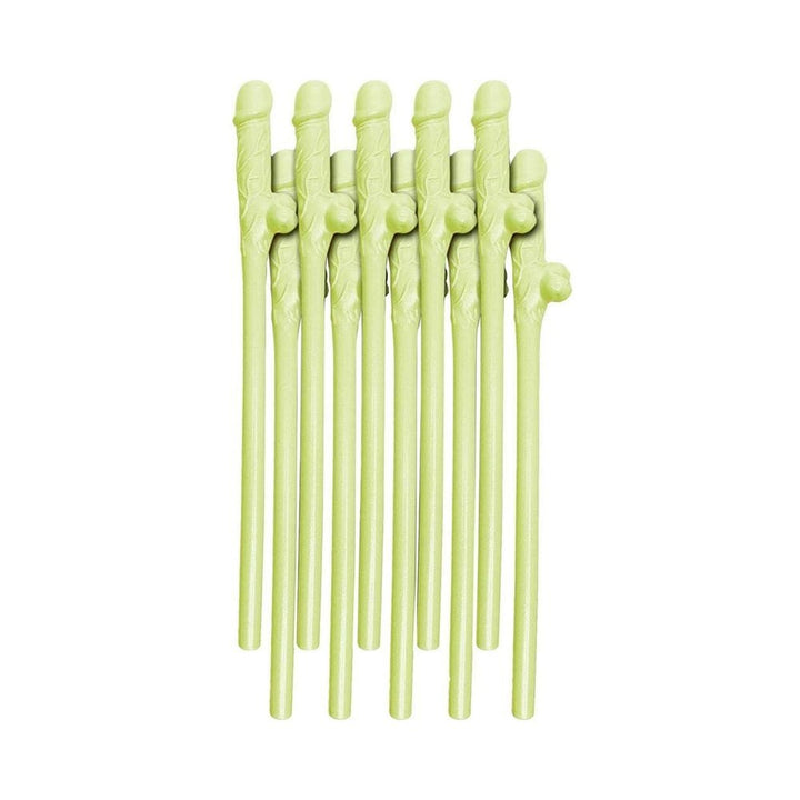 Set of ten glow-in-the-dark neon green novelty sipping straws with playful design for party use.