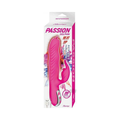 Pink Passion Dolphin Heat Up dual stimulator with rotating, thrusting shaft and USB charger in product packaging.