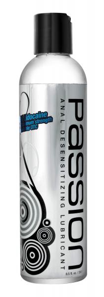 Clear bottle of Passion Max Strength Anal Desensitizing Lubricant with black cap and modern black and gray design.