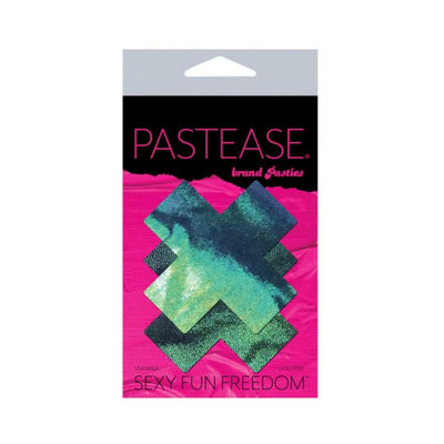 Pastease Black Opal iridescent liquid pleather cross nipple pasties in packaging with pink and black design.