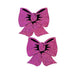 Pair of hot pink glitter bow-shaped nipple pasties with black detailing on a white background.