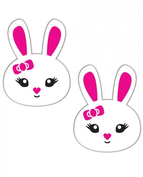 Pair of white bunny-shaped pasties with pink ears, heart-shaped nose, black eyes, and a pink bow detail.