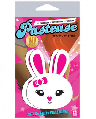 Packaging of Pastease Bunny White Pasties featuring cute white bunny design with pink accents and bow on a vibrant pink background.