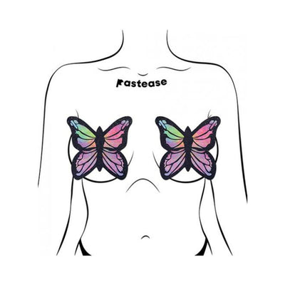 Illustration of butterfly-shaped rainbow twinkle pasties providing fuller coverage on a stylized female torso.