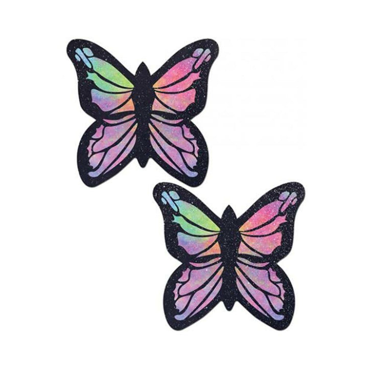 Pair of butterfly-shaped rainbow twinkle velvet pasties with black edges and glitter accents