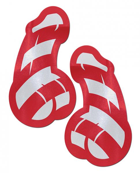 Red and white striped candy cane shaped adhesive pasties with a playful design.