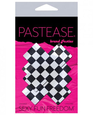 Pastease black and white checkerboard cross-shaped nipple pasties in retail packaging with pink and black design.