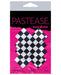 Pastease black and white checkerboard cross-shaped nipple pasties in retail packaging with pink and black design.
