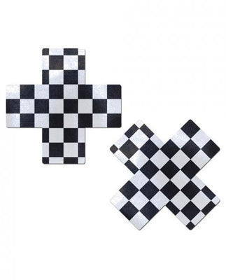 Black and white checkerboard cross-shaped nipple pasties with a smooth, glossy finish shown on white background.