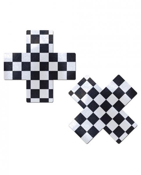 Black and white checkerboard cross-shaped nipple pasties with a smooth, glossy finish shown on white background.