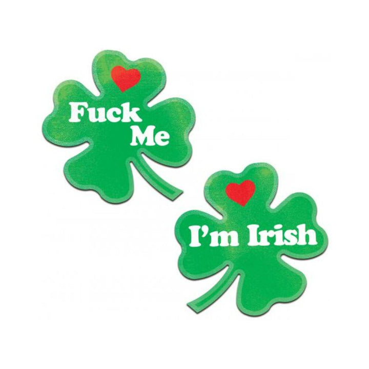 Green four-leaf clover nipple pasties with white text and red heart accents for St. Patrick's Day.