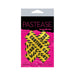 Pastease crossed caution tape nipple pasties in yellow and black on pink and black branded packaging.