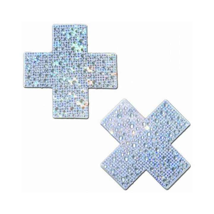 Silver crystal sparkling cross-shaped nipple pasties with a shimmering, reflective surface.