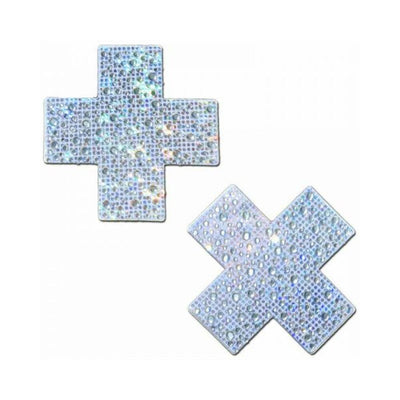 Silver crystal sparkling cross-shaped nipple pasties with a shimmering, reflective surface.
