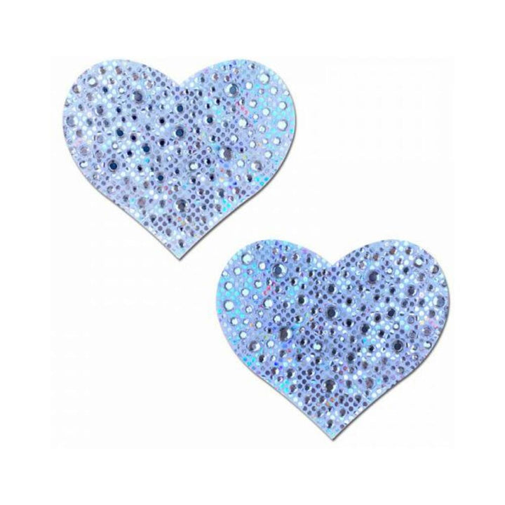 Pair of silver heart-shaped pasties adorned with sparkling crystal accents on a white background.