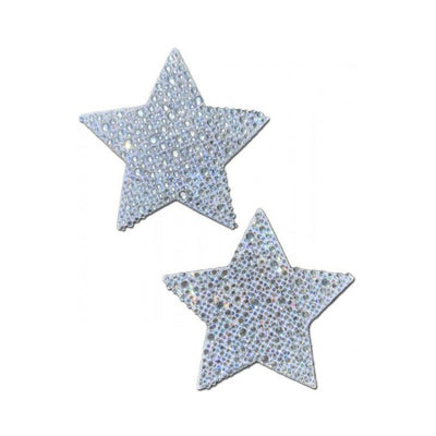 Pair of silver star-shaped nipple pasties adorned with sparkling crystal rhinestones on white background