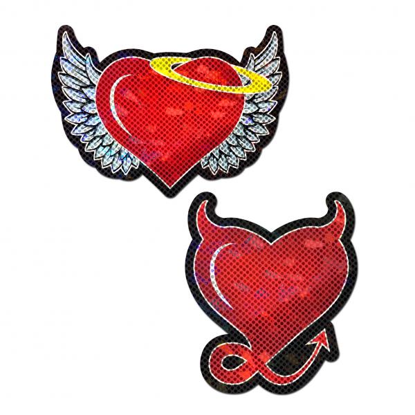 Red glitter heart nipple pasties with white angel wings and halo, and matching red devil heart with horns and tail designs.