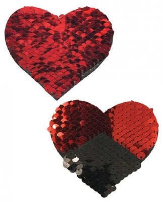 Red and black reversible sequin heart-shaped nipple pasties with a shimmering finish