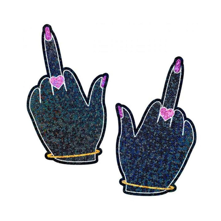Pair of glittery black middle finger hand-shaped nipple pasties with pink heart accents and purple nails.