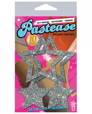 Silver glitter star-shaped adhesive pasties in packaging with pink and orange background and Pastease branding.